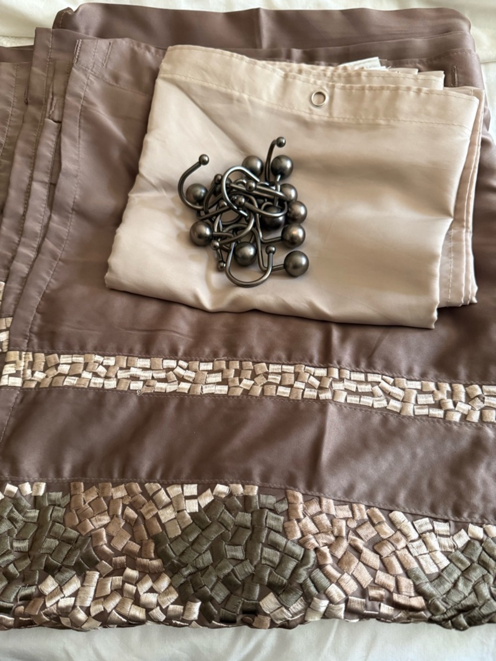 Neutral Taupe Embroidered Shower Curtain Set